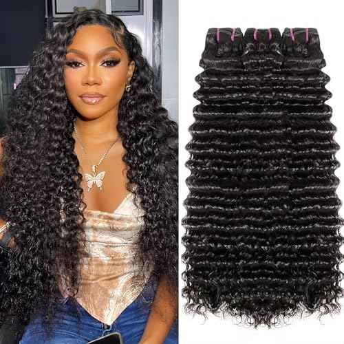 Deep Wave Human Hair Bundles 14 16 18 Inch Water Wave Bundles 15A Brazilian 100% Unprocessed Virgin Human Hair Wet and Wavy Bundles Double Weft Deep Curly Weave 3 Bundles Natural Black