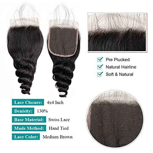 Brazilian Loose Wave 4x4 Lace Closure 100% Unprocessed Human Virgin Hair Pre Plucked Loose Deep Wave Pre-Plucked Hairline Frontal Closure Natural Black With Baby Hair (20inch, loose wave 4x4)