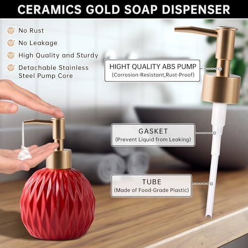 Ceramics Gold Soap Dispenser for Bathroom, Relief Soap Dispenser for Kitchen Sink, 400ml/13.5Oz Refillable Liquid Hand Soap Bottle with Gold Pump (Red).