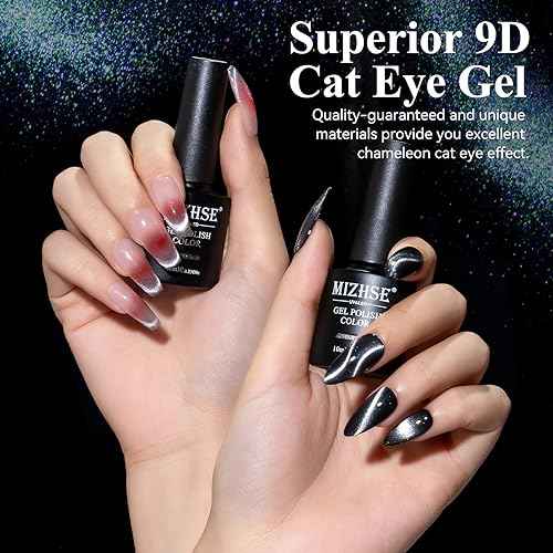 MIZHSE 9D Cat Eye Gel Nail Polish, Silver Magnetic Gel Polish with Magnet Stick, Magic Shimmer Galaxy Effect Holographic Glitter Silky Cat Eye Nail Polish Soak Off Nail Art Salon Manicure DIY at Home