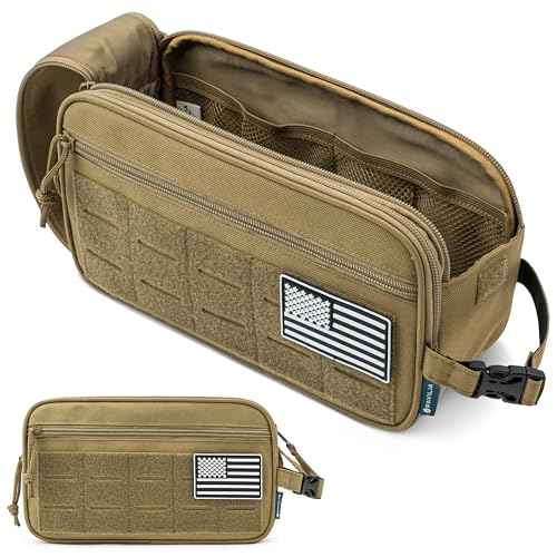 PAVILIA Tactical Toiletry Bag for Men, Travel Hygiene Bag, Military Gear Dopp Kit, Water Resist Molle Accessories Pouch, Mens Shaving Essentials, Gym Bathroom Shower Small Toiletries Tool EDC, Tan