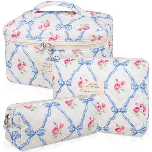 Makeup Bag Set, Quilted Makeup Bag, Large Floral Cosmetic Bag for Women, Cute Cotton Makeup Bags, Flower Travel Toiletry Organizer Bag (Blue Flower)