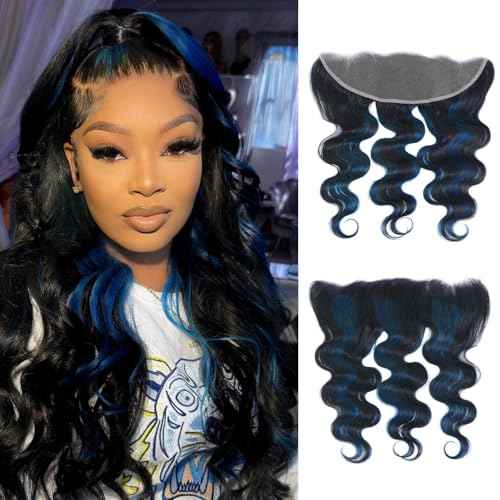 ALHER #1B/BlueBody Wave 13x4 Lace Frontal Human Hair, Black Mix Blue HD Transparent Lace Frontal Closure Ear to Ear 100% Virgin Remy Human Hair for Black Women 150% Density 12 Inch