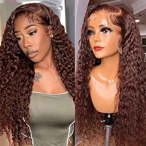 13x4 Chocolate Brown Deep Wave Transparent Lace Front Wigs Human Hair Wet and Wavy Wigs for Black Women Brazilian Deep Curly Wave Lace Frontal Wigs Pre Plucked with Baby Hair 180% Density (26 Inch)