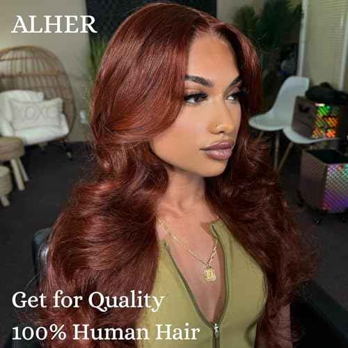 ALHER 33 Reddish Brown Body Wave Long Deep Part 2x6 Lace Closure, Copper Brown Colored 2x6 Kim K Closure Pre Plucked with Baby Hair, 12A 100% Brazilian Virgin Remy Human Hair for Black Women 14 Inch