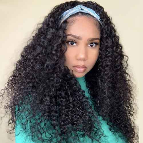 Curly Headband Wig Human Hair 26inch Glueless Deep Wave Human Hair Wigs None Lace Front Wigs for Black Women Water Wave Headband Wig Natural Color