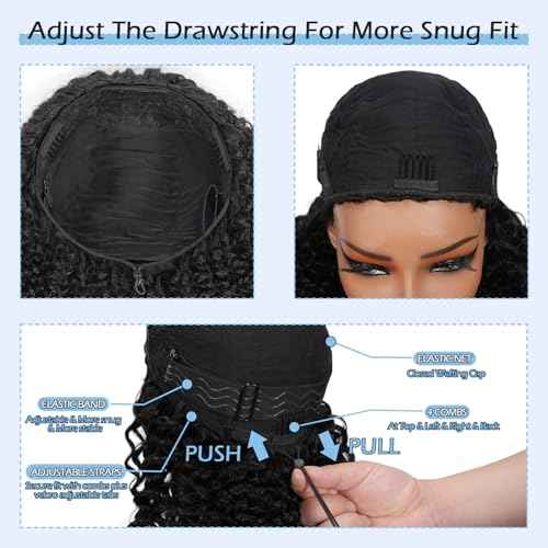Glueless Half Wigs Human Hair Kinky-Curly Headband Wig Upgrade 3 In 1 Half Wig with Drawstring Seamless Clip Ins Flip Over 200 Density Curly Human Hair Wig For Black Women 22 Inch