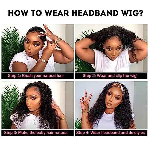 Headband Wig Human Hair Deep Wave Wigs 24 inch Brazilian Human Hair Headband Wigs for Black Women Glueless Non Lace Front Wig Machine Made Curly Deep Wave Headband Wig 150% Density Natural Color