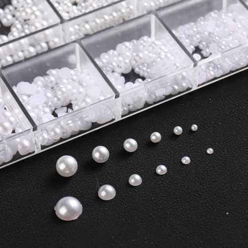 Multi Sizes Round and Half Round Pearls 3D Nail Charms, White Flatback Pearls Nail Jewelry for Women Girls Manicure Nails Supplies DIY Crafts Decorations¡¦¡¦