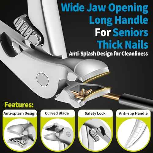 Long Handled Toenail Clippers, Built-in Lock, Professional Stainless Steel Toenail Clippers for Seniors Thick Toenails, Curved Blade Heavy Duty Large Toe Nail Clippers for Men, Women