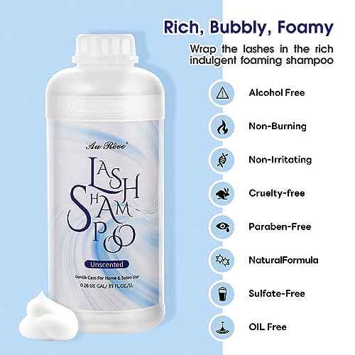 Lash Shampoo for Lash Extensions 1L/35fl.oz Eyelash Extension Cleanser Lash Cleaning Kit, Gentle Foaming Eyelash Shampoo with Brush and Wash Bottle for Salon Home Care Unscented