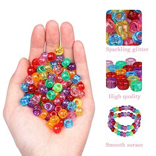 1605pcs Hair Braid Kit Including 600pcs 9x6mm Glitter Pony Beads, 1000pcs Elastic Rubber Bands, and 5pcs Quick Beaders