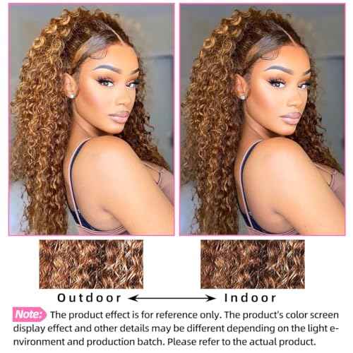 20 inch Honey Blonde Deep Wave Lace Front Wigs Human Hair, Curly Highlighted Wig Human Hair, Glueless Wigs Human Hair Pre Plucked Natural Hairline 180% Density, Ombre Wigs Human Hair
