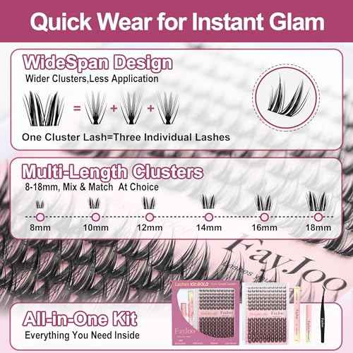 Dramatic Volume Lash Clusters Kit, 0.05mm Thin Band 8-18mm C Curl, DIY Lash Extension with Bond/Seal/Remover/Tweezer, Waterproof Reusable, FayJoo BOLDEE 11 Kit