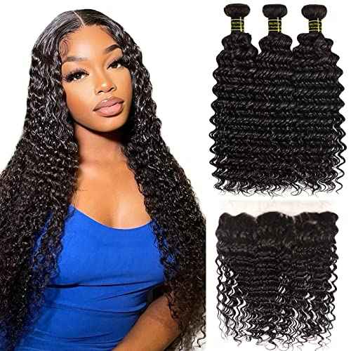 Brazilian Deep Wave Lace Frontal with Bundles Virgin Human Hair Deep Curly Bundles Ear to Ear Lace Frontal with Bundles100% Unprocessed Human Hair Extensions Natural Color(20 22 24+18)