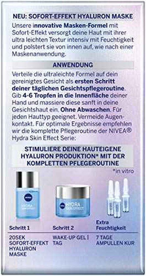 NIVEA Hydra Skin Effect 20 Seconds, Instant Effect Hyaluronic Mask, 100 ml, Face Mask for Preparing for Day and Night Cream, Mask with Pure Hyaluronic