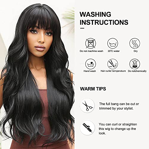 OUFEI Long Wavy Brack Wigs for Women Natural Synthetic Hair Heat Resistant Wigs for Daily Party Cosplay Wear-28 Inches