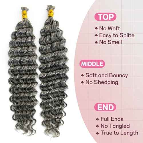 KRN Grey Deep Wave Bulk Human Braiding Hair 2 Bundles/Pack 100g Curly for Boho Braids 12A Salt And Pepper No Weft Wet and Wavy Gray 20 Inch