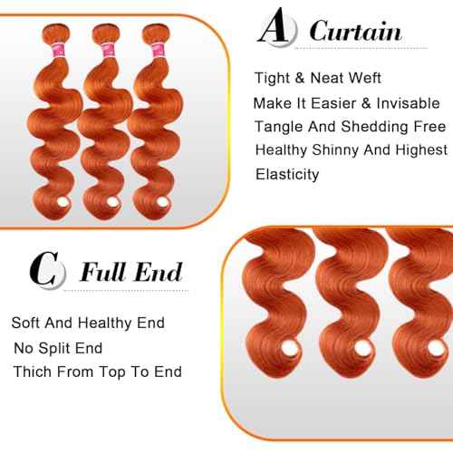 Ginger Human Hair Bundles with Closure Body Wave 16 18 20+16 IN 350 Orange Colored Bundles Human Hair with 4x4 HD Closure Free Part Soft Thick