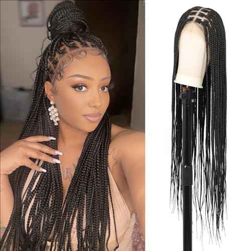 Youthfee 360¡Æ HD Full Lace Knotless Braided Wigs for Women Box Braided Wigs with Baby Hair Premium Synthetic Natural Looking Braid Lace Front Wigs Black 36 Inch