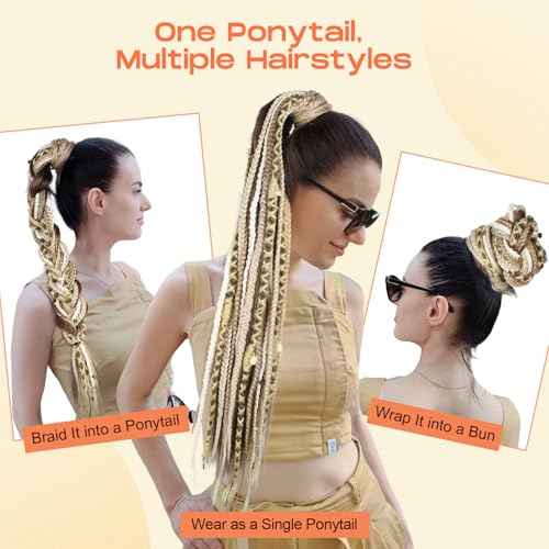 SEIKEA 2PCS Boho Braided Ponytail Extension with Hair Tie, 24" Long Viking Dreadlock Beads Ponytail Hand-braided Braids Hair Extensions Lightweight Natural Synthetic Hairpiece for Festival Cosplay