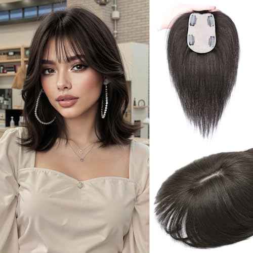 MOSINA Human Hair Toppers for Women Real Human Hair Toppers Hair Pieces for women 3.2" x 4.5" Silk Base Real Hair Toppers for Women with Thinning Hair(Brown Black)
