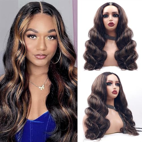 Xagujpo #FB30 Ombre Brown Body Wave V Part Wigs Human Hair Upgrade U Part Human Hair Wigs for Black Women Balayage Highlight Glueless U Part Wig No Sew In 180% Density 20inch