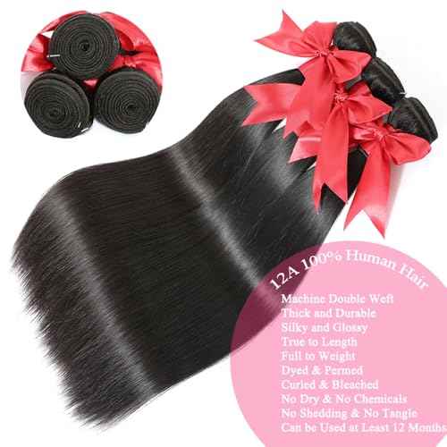 12A Straight Bundles with Frontal Human Hair 20 22 24+18 Inch Brazilian Human Hair Bundles with Frontal 100% Unprocessed Virgin Weave Hair with 13x4 HD Lace Closure