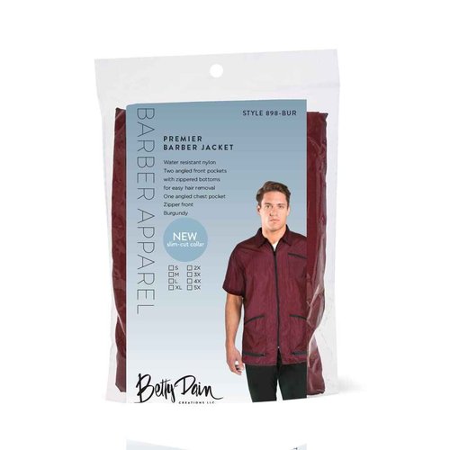 Betty Dain Premier Barber Jacket, Soft, Lightweight, Water Resistant Nylon Repels Hair, Zippered Front, Two Angled Lower Pockets with Zippered Bottoms, Angled Chest Pocket, Burgundy, 5X