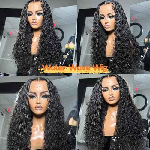 Caijuxing Water Wave Lace Front Wigs Human Hair 13x6 HD Lace Front Wigs Human Hair 200% Density (Natural Black- Water Wave Wig, 18 Inch)