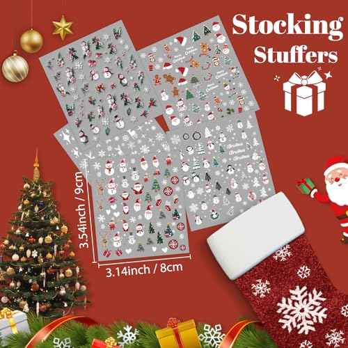 9 Sheets Christmas Nail Art Stickers, Embroidery Nail Sticker Decals for Girl Women, Xmas Tree Santa Claus Nail Stickers for Nail Art Kids Christmas Stocking Stuffers Gifts Decoration Self-Adhesive