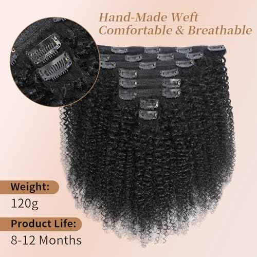 Afro Kinky Curly Clip Ins Human Hair 4C Hair Clip in Extensions Real Natural Human Hair for Black Women 8 pecs with 20 Clips 120g Natural Black Color 18 Inch