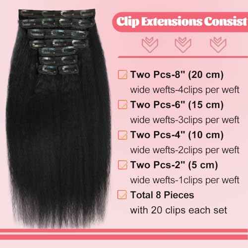 Kinky Straight Clip ins 18 Inch Clip in Hair Extensions Real Human Hair Yaki Straight Clip ins for Black Women Full Head Brazilian Remy Hair Extensions Double Weft 8Pcs 100g 20 Clips