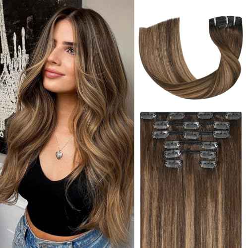 Balayage Hair Extensions Real Human Hair, Ombre Medium Brown Fading to Caramel Blonde 18 inches 120g Highlights 100% Human Hair Natural Straight Woman Beauty Clip ins #4/27/4
