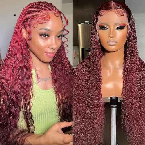 99J Burgundy Deep Wave Lace Front Wigs Human Hair 13x4 HD Lace Frontal Wigs Human Hair Lace Front Wigs Pre Plucked 99j Burgundy Deep Curly Wigs Human Hair Wigs For Women 180% Density 24 Inch