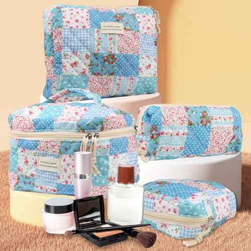 VIWIME Makeup Cosmetic Bag, Large Cotton Quilted Travel Coquette Aesthetic Cute Floral Make up Bag for Women Toiletry Bag Organizer (204- Gird Rose / 4Pcs)
