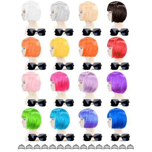 16 Pack Colored Bob Wigs with Bangs, Colorful Wigs with Sunglasses Bulk, Neon Party Fun Hair Wig for Women Costume Cosplay (Multicolor)