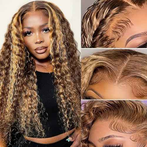 FIRIEYA 4/27 Highlight Lace Front Wigs Human Hair Pre Plucked 180 Density 4X4 Ombre Honey Blonde Deep Wave Lace Closure Wigs for Women 22 Inch