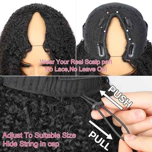 V SHOW Hair V Part Wig Human Hair Kinky Curly Upgrade U Part With Adjustable Drawstring 180% Density V Shape Clip In Half Wig For Women Natural Color 18 Inch