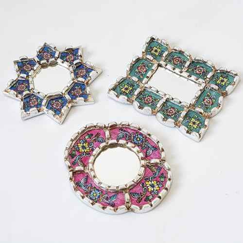 Handmade Mirrors set of 3 for Wall Decor - Silver Leaf Small Mirror Set - Turquoise, Blue, Fuchsia Accent Decor (6in)