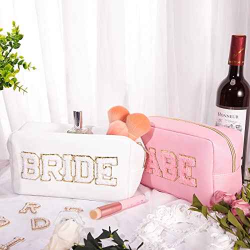 Mixweer 8 Pcs Bridesmaid Cosmetic Bags Bulk Bridesmaid Proposal Gift Embroidered Letter Patch Bride Bachelorette Makeup Bags Travel Pouch Wedding Party Favor for Bridal Shower(White and Pink)
