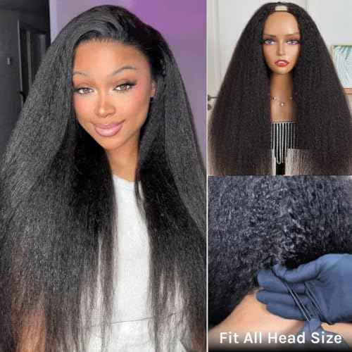 UNICE Kinky Straight V Part Wigs Human Hair for Women Glueless Upgrade U Part Wigs Machine Made Clips in V Part Wig No Leave Out Real Scalp Beginner Friendly Natural Color 150% Density 16 Inch