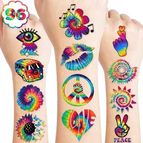 96 PCS Tie Dye 90s 80s Pre-Cut Temporary Tattoos for Kids | Super Cute Themed Birthday Party Favors, Supplies, Decorations, Colorful Fake Tattoo Stickers (multiple)