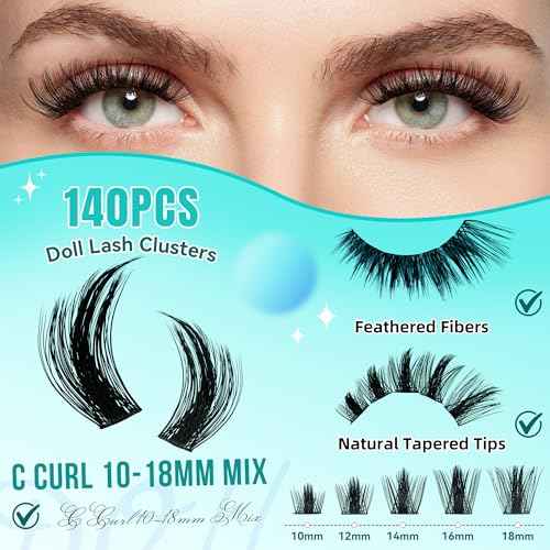 Manga Lash Clusters Kit 140pcs C Curl Fairy Eyelash Extension with Individual Lashes Bond and Seal Waterproof,Eyelashes Glue Remover,Lash Applicator for Volume Anime Lashes Cluster(Doll,C-10-18mm Kit)