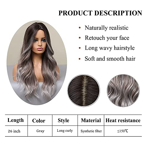 Haoland 26 Inch Long Gray Wig For Women Ombre Gray With Dark Roots Wavy Wig Middle Part Synthetic Wig For Cosplay Daily Party Use