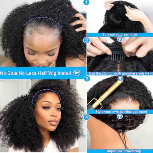 Kinky Curly Half Wig Human Hair 200% Density 3 In 1 Seamless Flip Over Half Wigs Human Hair Glueless Wear and Go Beginner Friendly Kinky Curly Wig Human Hair Drawstring Headband Wig for Women 18 Inch