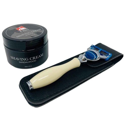 GENTS Men’s Shaving Kit - 5 Blade Fusion Compatible Razor with Faux Ivory Handle, Sandalwood Shave Cream, Leather Case & Refill Cartridge - Premium Gift Set for Men