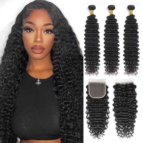 Deep Wave Human Hair Bundles with Closure 20 22 24 with 20inch Unprocessed 10A Deep Wave Bundles Human Hair with 4x4 Lace Closure Natural Color Curly Bundles Human Hair