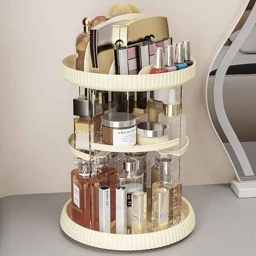 Yieach Rotating Make up Organizer for Countertop,Adjustable Spinning Skincare Organizers,Vanity Organizers and Storage,Bathroom Lazy Susan Organizer for Beauty Product and Spin Skin Care Holder,Beige