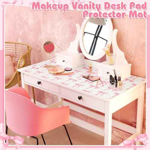 Coquette Bow Makeup Mat for Vanity Top Protector, Christmas Dual Sided Leather Vanity Waterproof Desk Pad Dressing Mat Nonstick Gifts for Women Home Office Decor(Pink,11.8" X 23.6")